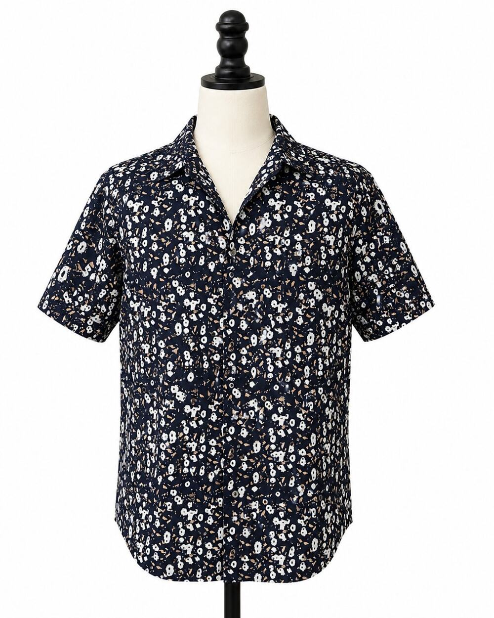 DKNY Men's Large Navy Floral Print Short Sleeve Button Up Camp Shirt Casual